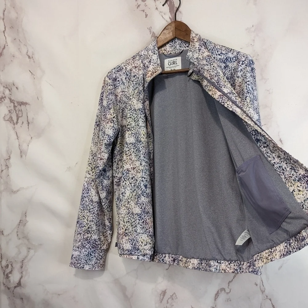 Athleta Girl Jacket XL 14 Full Zip Ice Storm Pattern Abstract Blue Jersey 1183